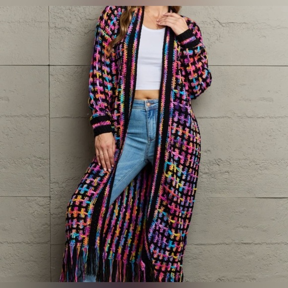 Multicolored Open Front Fringe Hem Cardigan (Black) Size 2X - Picture 1 of 11